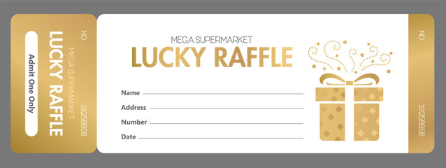 Shiny Golden Raffle ticket admit one only. Fill form template with gold gift box