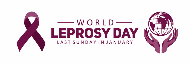 World Leprosy Day Awareness Month banner with a purple ribbon, globe held by hands, and bold text. Vector Illustration 