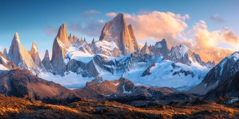 Obraz premium Majestic Fitz Roy Mountain Range Sunrise Panorama