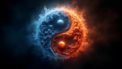 Fiery and Icy Yin Yang Symbol: A Digital Art Depiction of Harmony and Balance in Nature's Opposing Forces