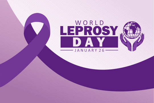 World Leprosy Day banner with a purple ribbon, globe held by hands, and bold text. Vector illustration.