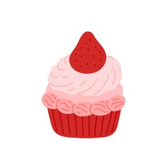 Coquette cupcake decorated with whipped cheese cream, cute strawberry. Sweet muffin in red paper cup. Baked dessert, small cake. Flat vector clipart