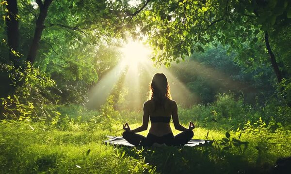 A person meditating in a serene forest, surrounded by sunlight and greenery.