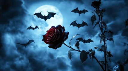 Dark red rose under full moon with bats flying.