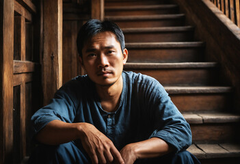 Fototapeta premium Asian Man Sitting on Wooden Stairs, Contemplative Mood