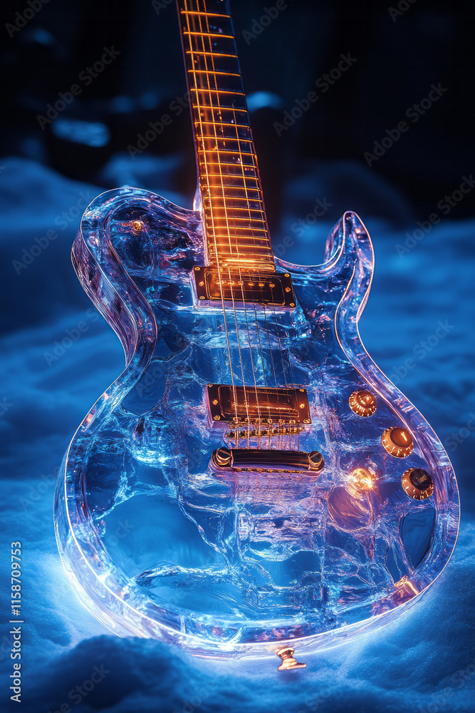 Poster a futuristic guitar with holographic strings and a translucent body, placed on a smooth, monochromat