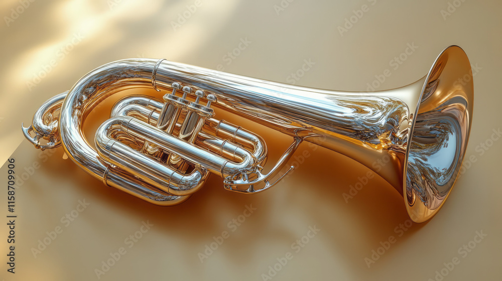 Poster an abstract wind instrument resembling a twisted metallic sculpture, displayed on a gradient gold-to