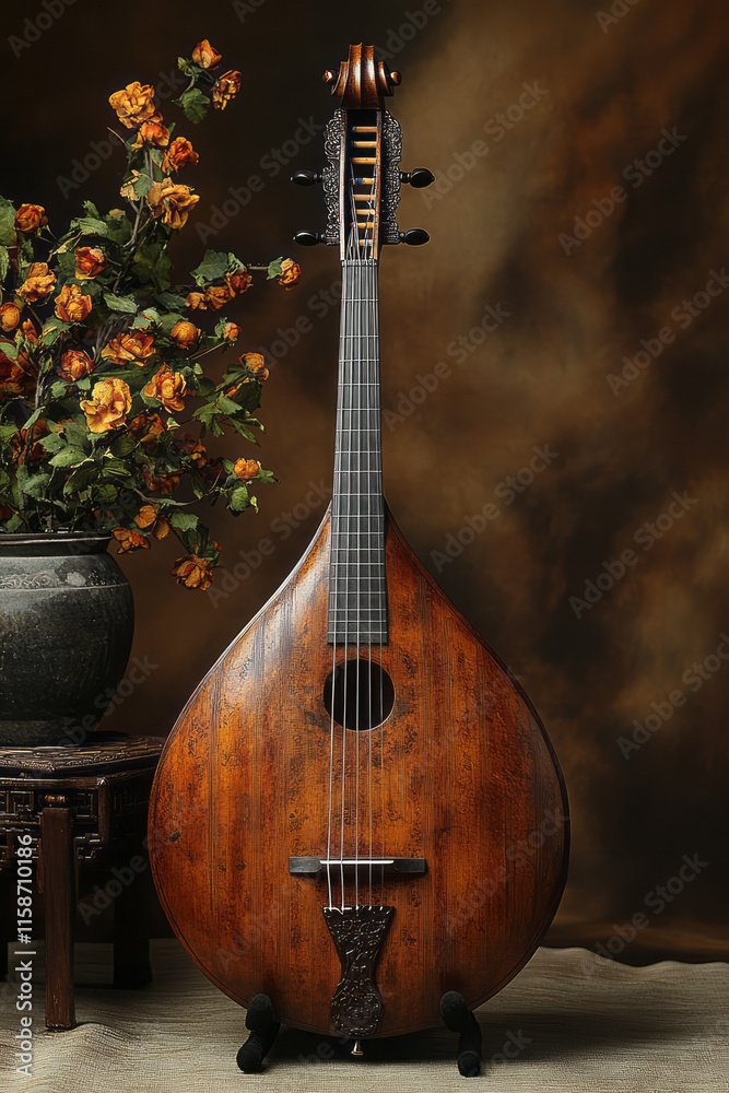 Aufkleber a traditional string instrument with a crescent-shaped body and silk strings, positioned on a warm t