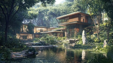 Lush jungle villa with modern architecture, reflecting pool, and stone statues.