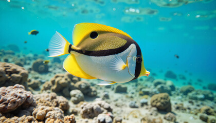 Vibrant triggerfish swimming gracefully over coral reef, marine beauty