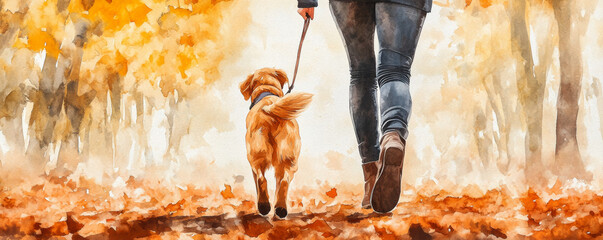 person walks golden retriever dog on path covered with autumn leaves. warm colors of fall create serene atmosphere, highlighting bond between them