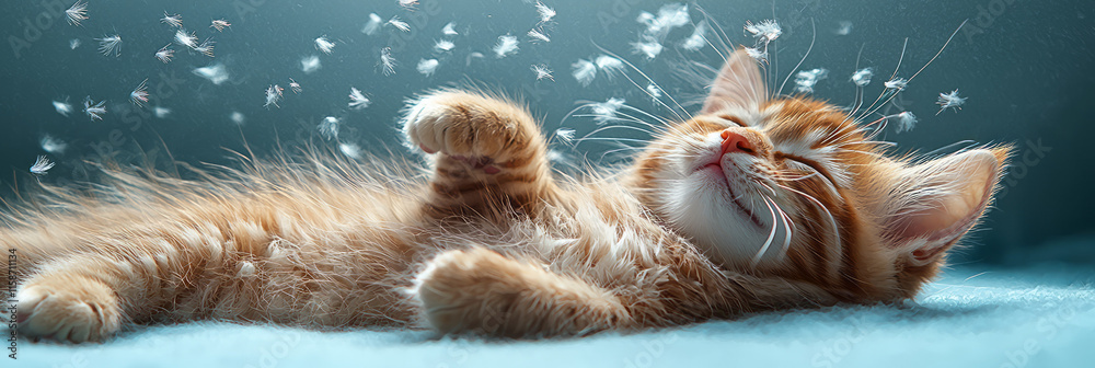 Aufkleber A playful cat lying on its back, with fur floating in the air around it, captured on a pale blue background to highlight the lightness and movement,