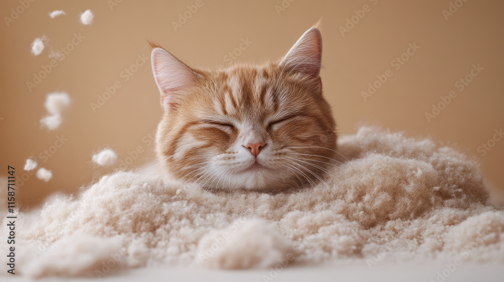 Poster a curious cat sniffing at a pile of its own fur, placed on a warm beige background that enhances the