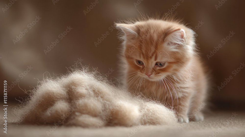 Poster a curious cat sniffing at a pile of its own fur, placed on a warm beige background that enhances the
