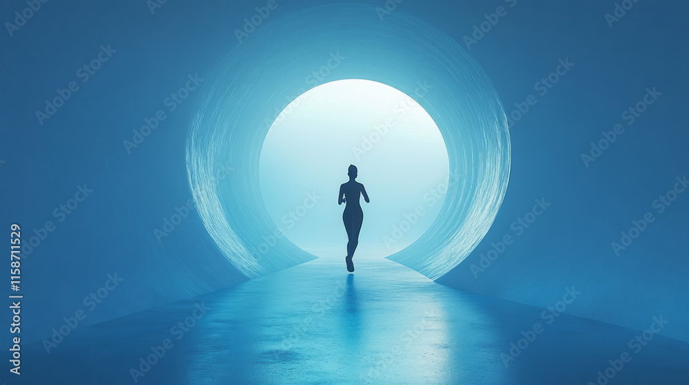 Aufkleber a minimalist depiction of a person jogging steadily in a circular running wheel, placed on a soft pa