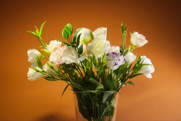 Flowers bouquet in a vase on a brown backdrop