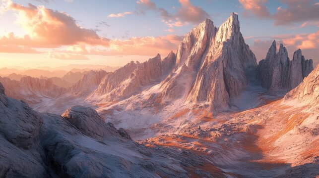 Majestic Mountain Range at Sunset with Pink Clouds and Snow-Covered Peaks