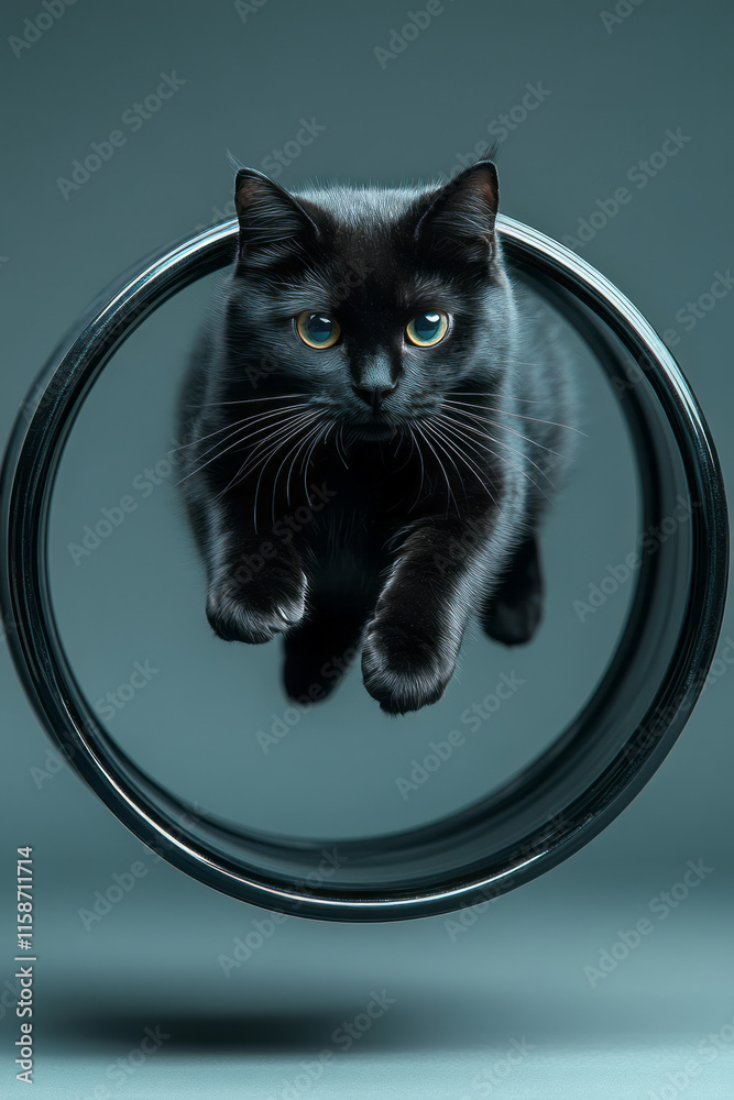 Poster A sleek black cat running gracefully in a minimalist metallic wheel, positioned on a gradient gray background to highlight its dynamic movement,