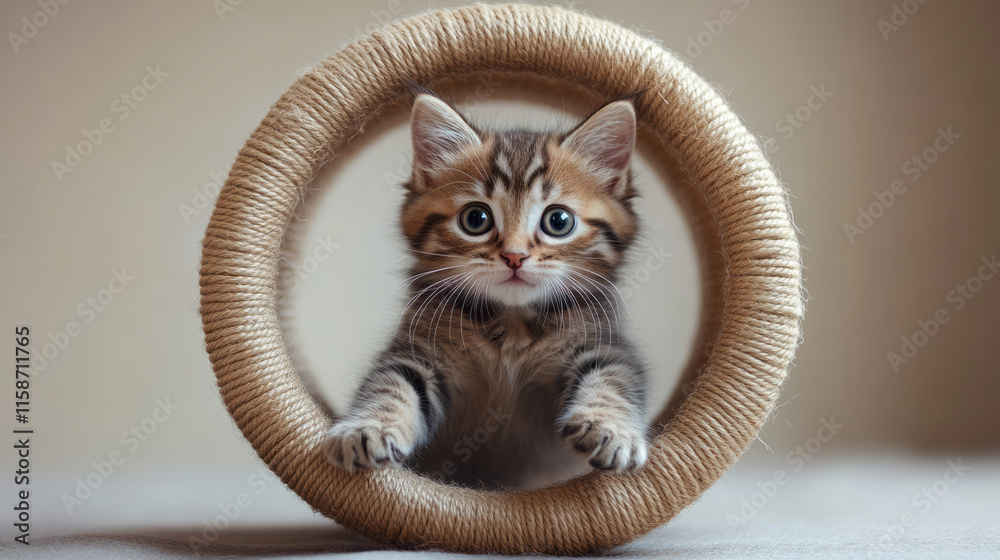 Poster A curious kitten trying to keep up in a rotating exercise wheel, its paws gripping the surface, placed on a plain beige background to emphasize its playful determination,
