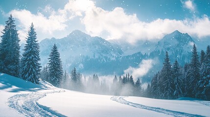 Snow falling on majestic mountain peaks and pine trees in winter wonderland