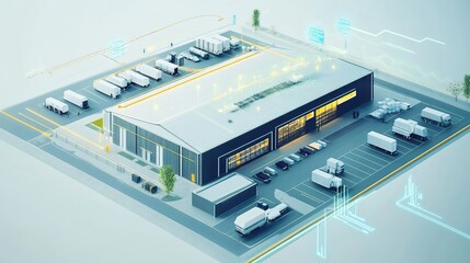 isometric a conceptual depiction of a warehouse designed for energy efficiency with smart sensors and automated systems