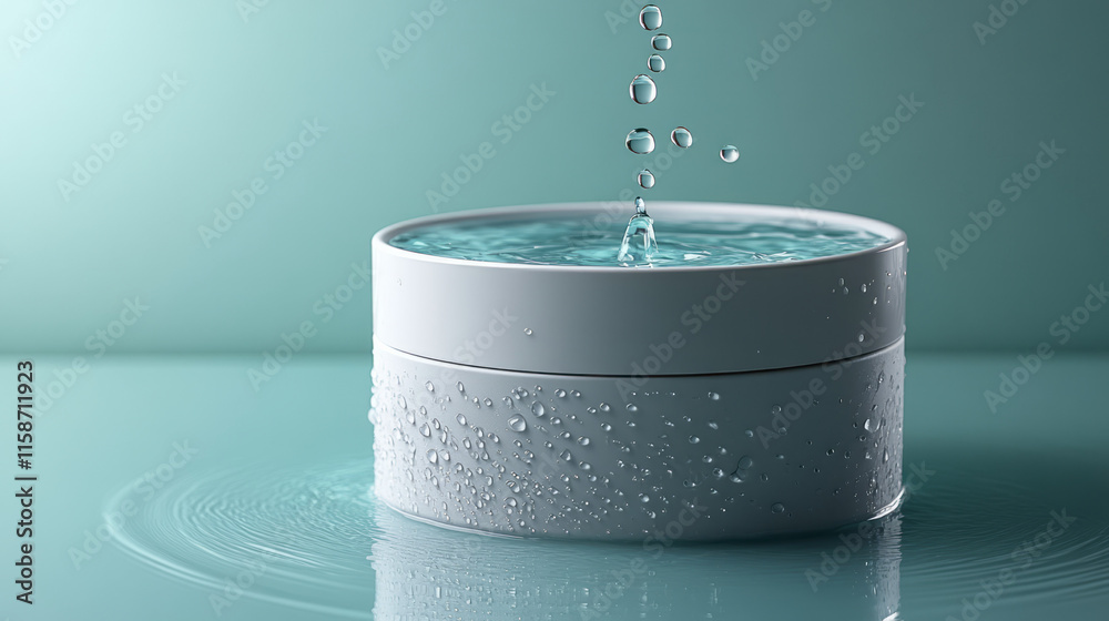 Aufkleber Droplets of clean water dripping into a clear container below a filtration unit, captured on a minimalist pale cyan background to emphasize purity,