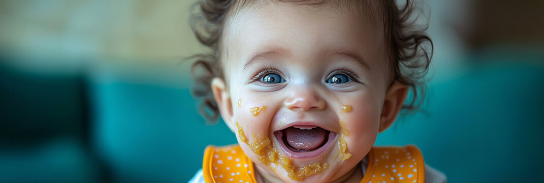 A playful scene of a baby with a hint of food on their cheeks and a bib, laughing as a parentâ€