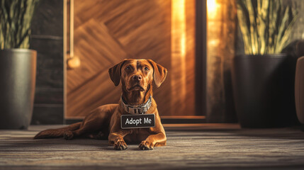 dog wearing Adopt Me collar lies on modern floor, showcasing its friendly demeanor and inviting presence. This captures essence of pet adoption