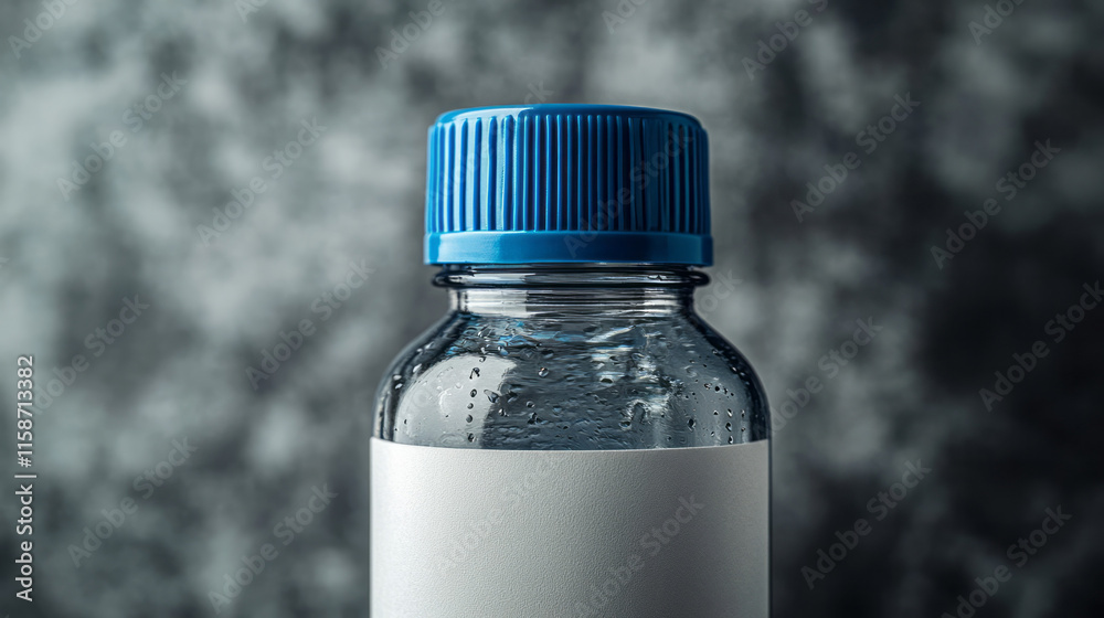 Poster a close-up of a bottle of formula with a plain white label and a soft blue cap, positioned on a neut