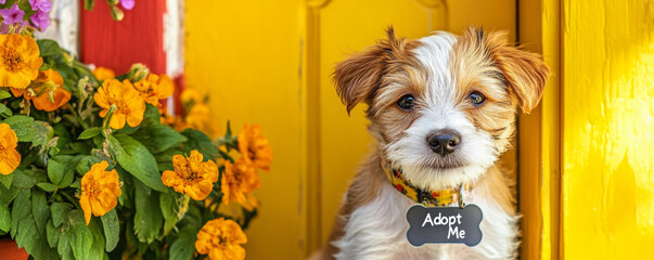 Sweet dog with Adopt Me collar sitting by vibrant flowers, waiting for loving home. This adorable pup radiates hope and charm, inviting companionship