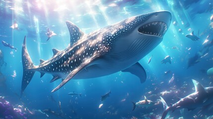 An enormous whale shark gliding through a vibrant ocean current.