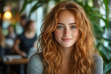 A woman with red hair and blue eyes is smiling at the camera. Generative AI