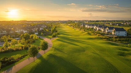 Sunset aerial view of upscale homes near a golf course.