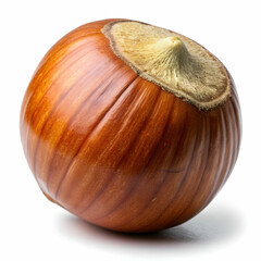 A single hazelnut is shown in its natural form, with its smooth, textured shell. The nut is isolated on a transparent background, emphasizing its rich color and distinct shape.