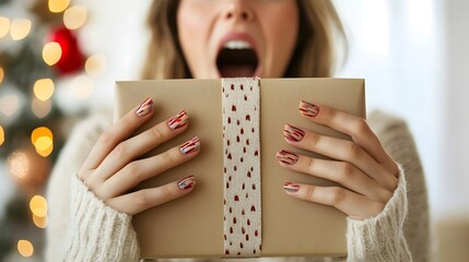 Woman excitedly opens a Christmas gift with painted nails