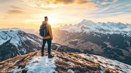 Obraz premium Man on mountaintop at sunset, enjoying view.