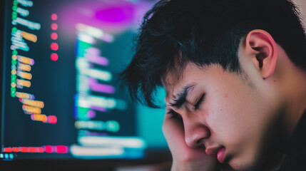 Frustrated developer at computer, facing challenges in coding and debugging, embodies the perseverance and resilience required in the tech industry.