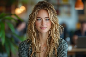 Obraz premium A woman with long blonde hair is sitting in a cafe. Generative AI