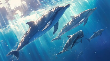 Naklejka premium A pod of dolphins swimming gracefully under the setting sun.
