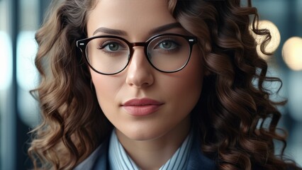 Obraz premium young woman with curly hair wearing glasses in office.
