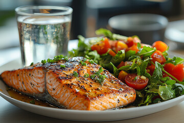 A stylish business lunch set featuring a grilled salmon steak, a fresh green salad, and a glass of mineral water, elegantly arranged on a clean white background