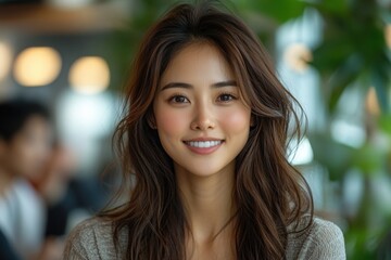 Fototapeta premium A woman with long brown hair is smiling and looking at the camera. Generative AI
