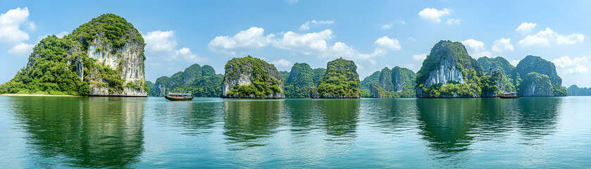 Fototapeta premium Island Paradise, Scenic Bay with Lush Green Islands and Calm Waters