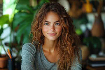 Obraz premium A woman with brown hair and blue eyes is smiling at the camera. Generative AI