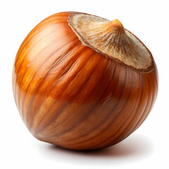 A single hazelnut is shown in its natural form, with its smooth, textured shell. The nut is isolated on a transparent background, emphasizing its rich color and distinct shape.