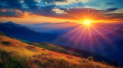 Fototapeta premium Sunrise over mountains, golden hour, vibrant sky, tranquil landscape, scenic beauty, peaceful morning, lush hills, breathtaking scenery, nature at dawn, outdoor photography.