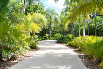 Serene Palm-Lined Pathway, A Tropical Garden Oasis