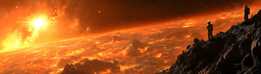 Fototapeta premium Fiery Planet, Explorers Observe Volcanic Eruption, Witnessing Inferno's Majesty Awe-Inspiringly.