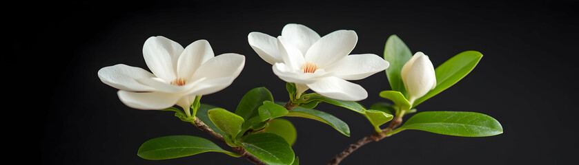 Obraz premium Elegant White Magnolias Bloom Beautifully Against Dark Background. Flowers Display Delicate Petals with Vivid Color, showcasing Nature's Grace.