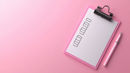 Pink clipboard with checklist and pen on pink background. (1)